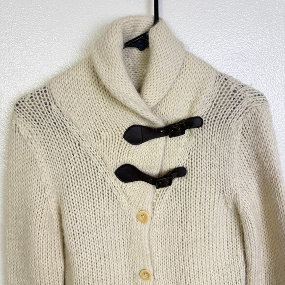 Vtg Ralph Lauren Alpaca Wool Cardigan Sweater Womens Medium Cream Leather Buckle - Picture 3 of 11